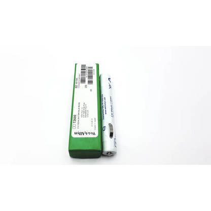 White cylindrical 3.6v lithium-ion welch allyn recycle battery next to green packaging for medical use