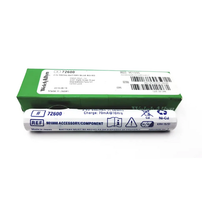 White cylindrical 2.4v ni-cd rechargeable welch allyn recycle battery with blue labeling and green cardboard box