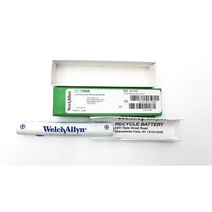 White cylindrical welch allyn 2.4v rechargeable recycle battery with blue labeling in green box for medical use