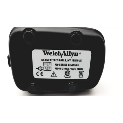 Black plastic welch allyn 739 series charger ac4-148 with white label showing model numbers and certification marks