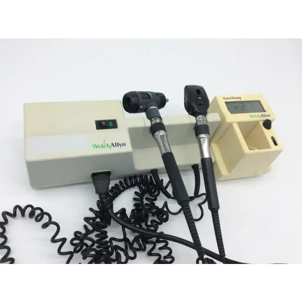 Welch allyn suretemp digital thermometer with black probe and beige casing in diagnostic set otoscope ophthalmoscope thermometer