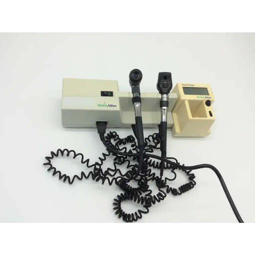 Beige welch allyn 767 diagnostic set otoscope ophthalmoscope thermometer with black coiled cords and two heads