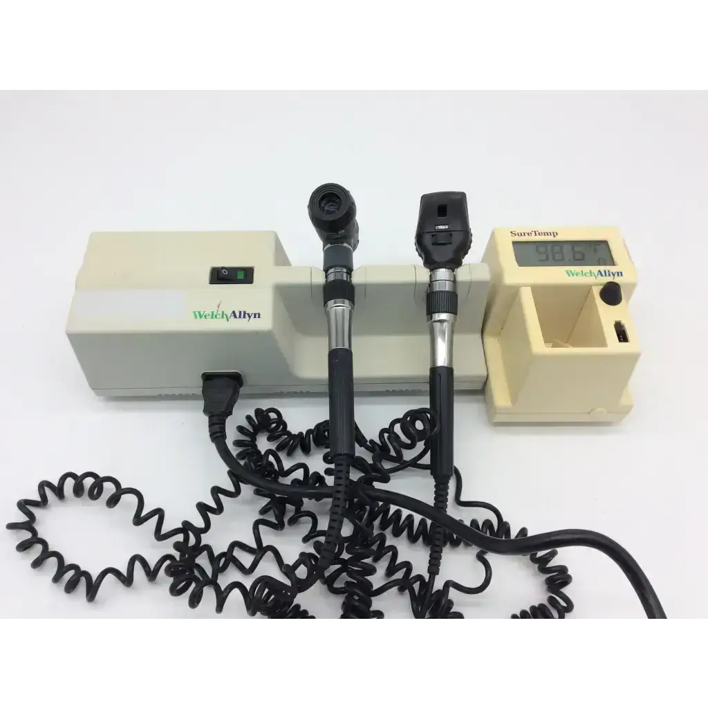 Welch allyn suretemp digital thermometer with black probe and coiled cord in diagnostic set otoscope ophthalmoscope thermometer