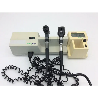 Welch allyn suretemp digital thermometer with black probe and coiled cord in diagnostic set otoscope ophthalmoscope thermometer
