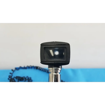 Black rectangular otoscope head with clear lens and metallic shaft for welch allyn 767 series wall transformer use