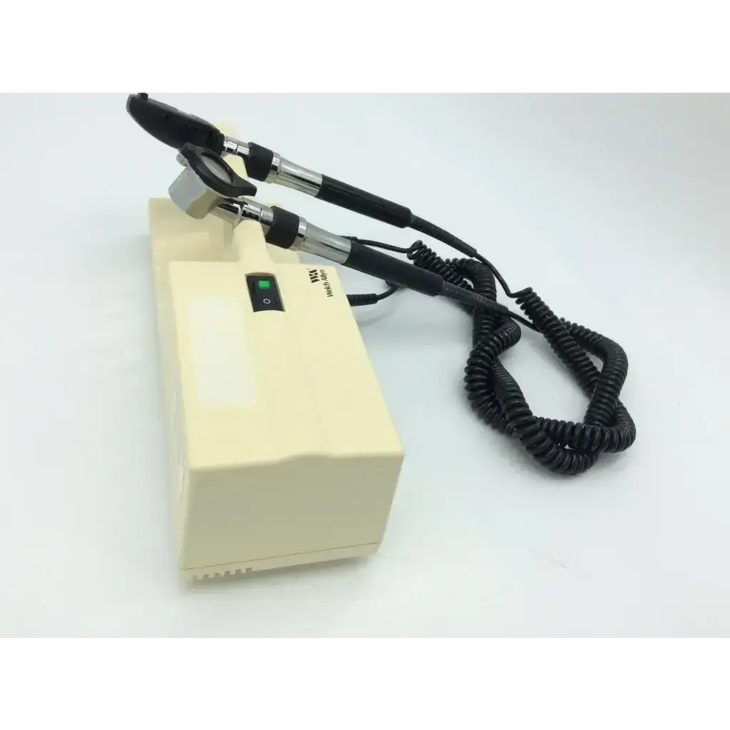 Cream-colored otoscope with black handles and coiled cord for welch allyn 767 series wall transformer use