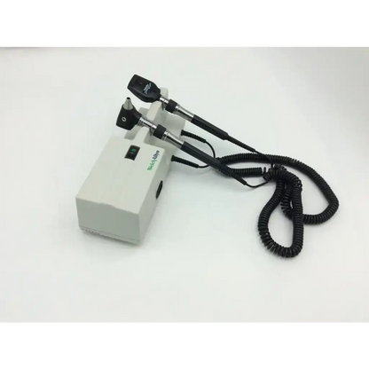 White rectangular welch allyn wall transformer 25020a with two black articulated arms and coiled cables featuring green logo
