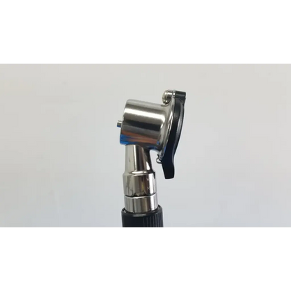 Silver metallic otoscope with black rubberized grip and adjustable headpiece in welch allyn wall transformer with coaxial ophthalmoscope