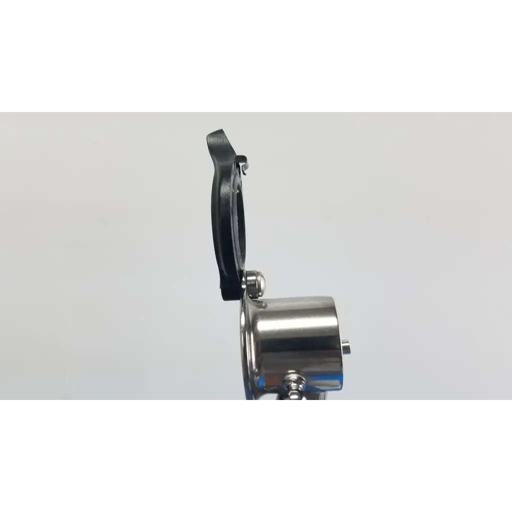 Stainless steel camera lens hood with black rubberized grip and metallic bracket for welch allyn wall transformer reuse medical use