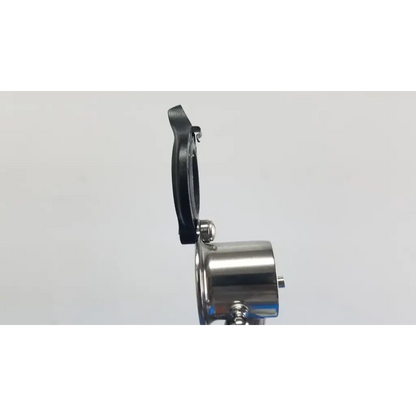 Stainless steel camera lens hood with black rubberized grip and metallic bracket for welch allyn wall transformer reuse medical use