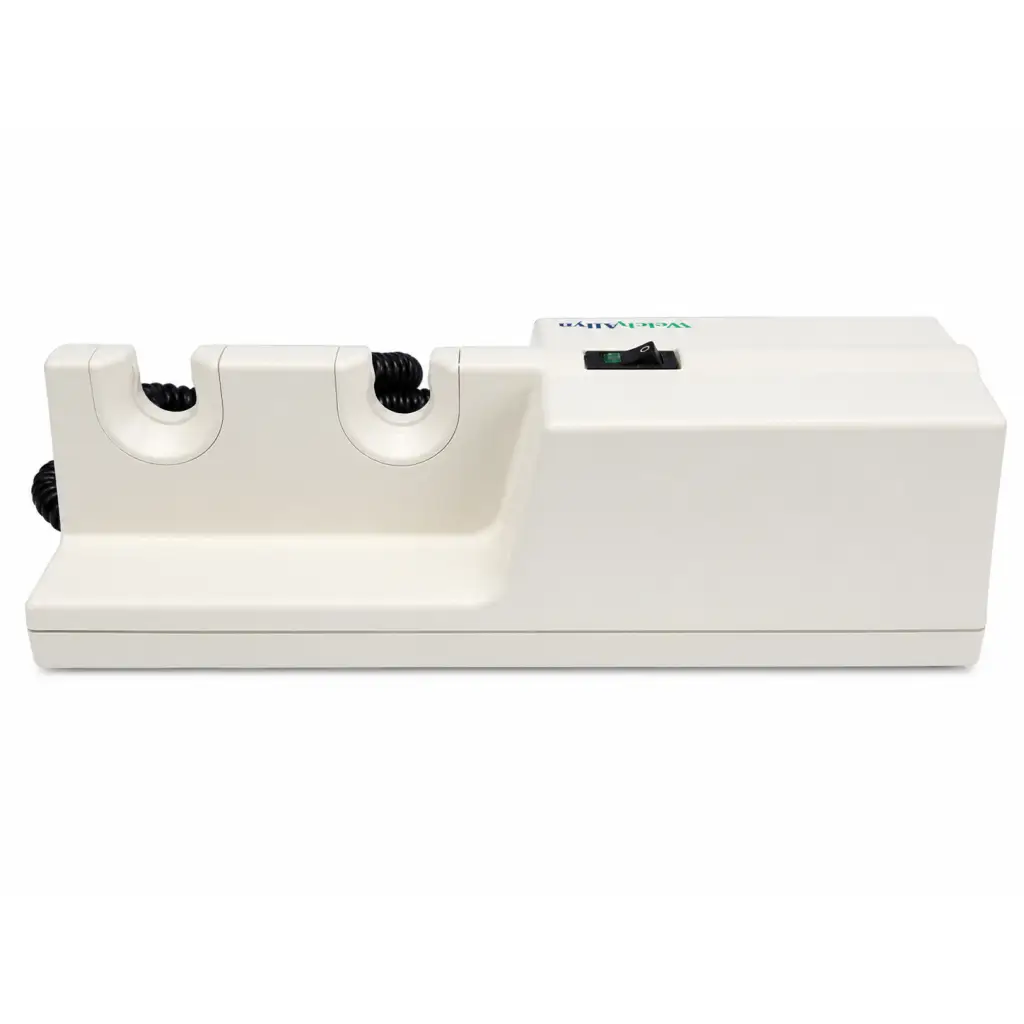 White electric knife sharpener with two slots and black power switch for welch allyn series transformer with dual handles