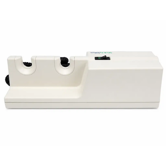 White electric knife sharpener with two slots and black power switch for welch allyn series transformer with dual handles