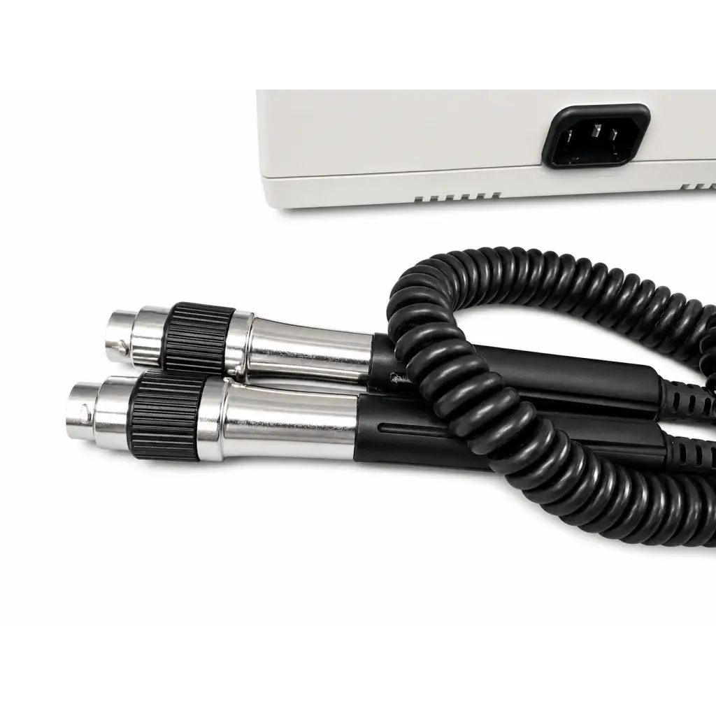 Black coiled cables with silver connectors and textured grips for welch allyn 767 series transformer with dual handles