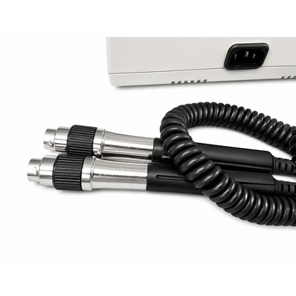 Black coiled cables with silver connectors and textured grips for welch allyn 767 series transformer with dual handles