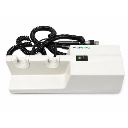 White plastic dental handpiece with black coiled cord and green power switch for welch allyn series transformer dual handles