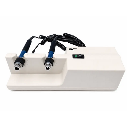 White plastic welch allyn 76710 diagnostic handle charging station with two blue and black corded handles
