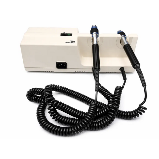 Beige welch allyn 76710 diagnostic handle charging station with two black-handled probes and coiled cords