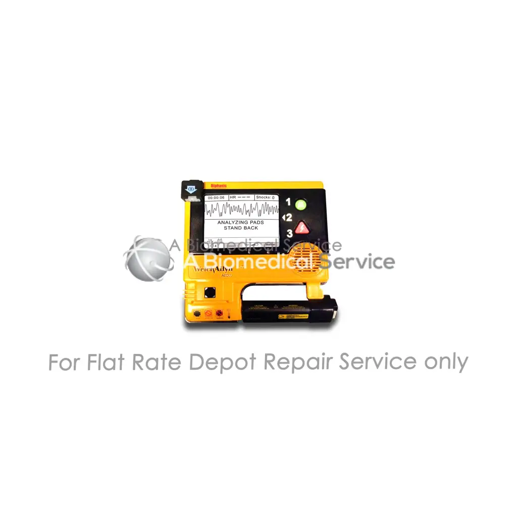 Yellow welch allyn aed 20 portable defibrillator with black display and buttons for medical equipment repair service