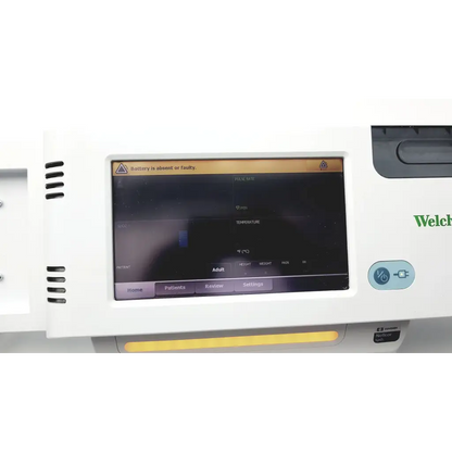 White welch allyn connex integrated wall diagnostic system with touchscreen showing battery error message