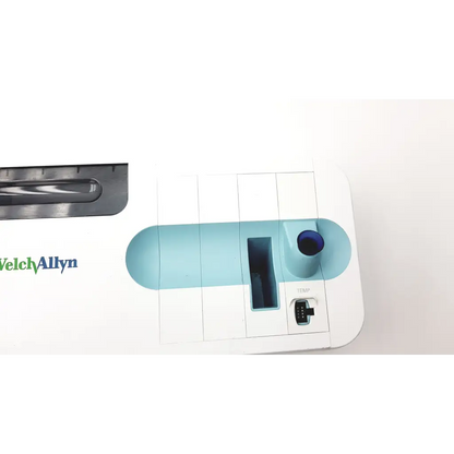 Welch allyn connex integrated wall diagnostic system 85ntvx in white and light blue with dark gray handle and temperature sensor port