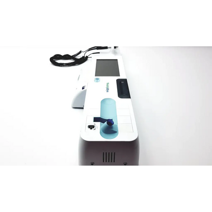 White and light blue Welch Allyn Connex integrated wall diagnostic system with digital screen, transparent chamber, and coiled cable
