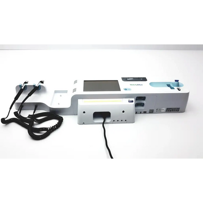 White and light blue welch allyn connex integrated wall diagnostic system with digital screen and coiled black cable accessories