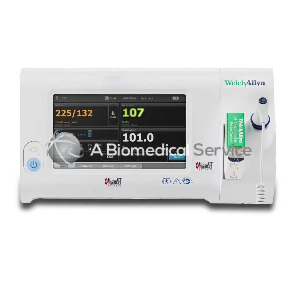 White welch allyn conex spot monitor with digital vital signs display and attached pulse oximeter sensor