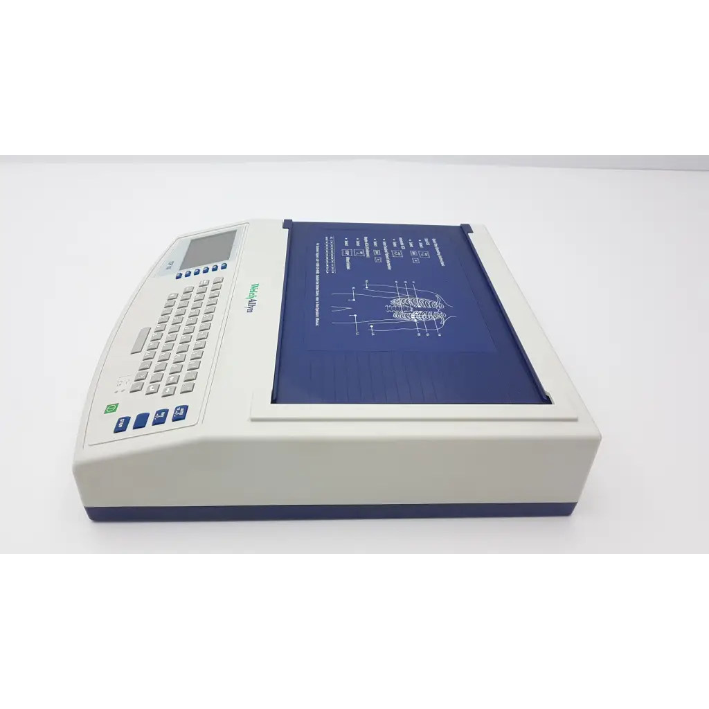 Beige and navy blue welch allyn cp10 ekg machine with built-in keyboard display screen and diagnostic chart output area
