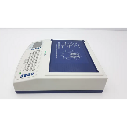 Beige and navy blue welch allyn cp10 ekg machine with built-in keyboard display screen and diagnostic chart output area