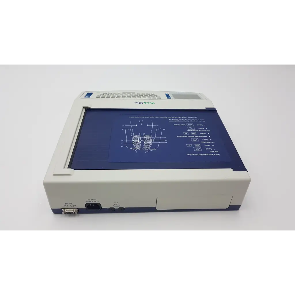 Beige and navy blue welch allyn cp10 ekg machine with built-in keyboard and display showing anatomical diagrams