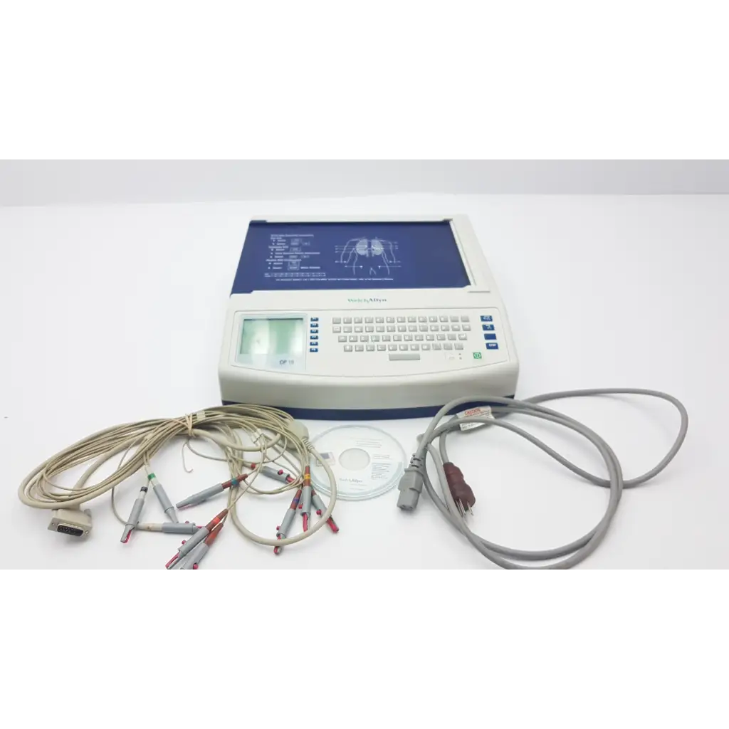 Beige and blue Welch Allyn CP10 EKG machine with multiple cables and connectors for cardiac monitoring use