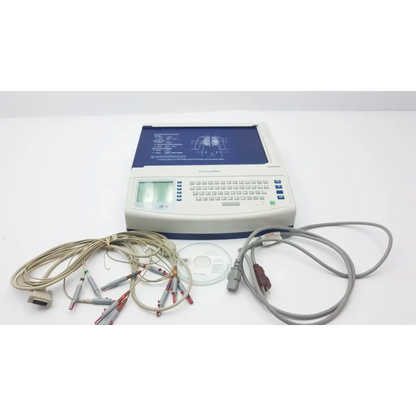 Beige and blue Welch Allyn CP10 EKG machine with multiple cables and connectors for cardiac monitoring use