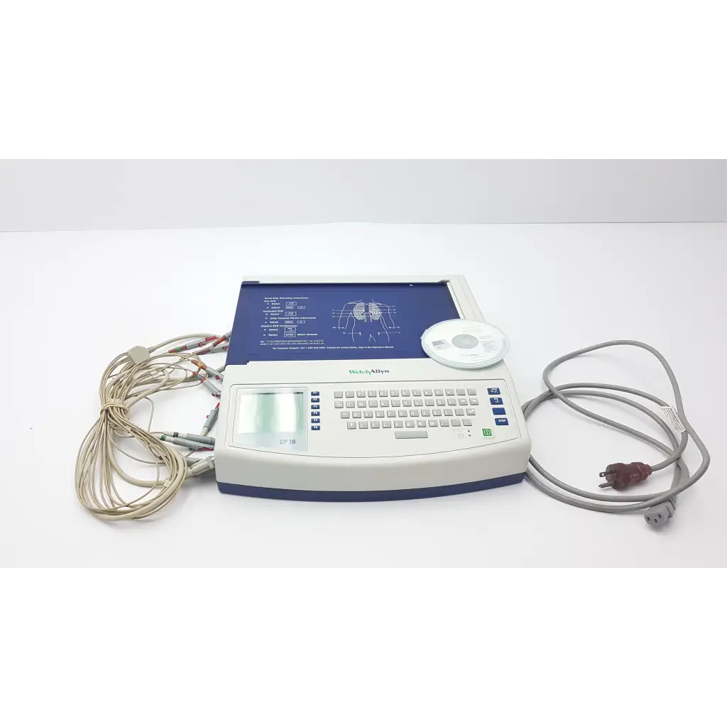 White and blue welch allyn cp10 ekg machine with leads and digital display showing heart diagrams