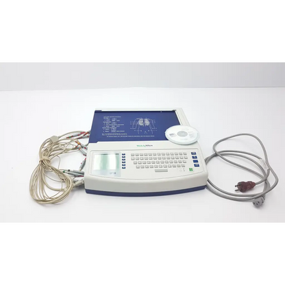 White and blue welch allyn cp10 ekg machine with leads and digital display showing heart diagrams
