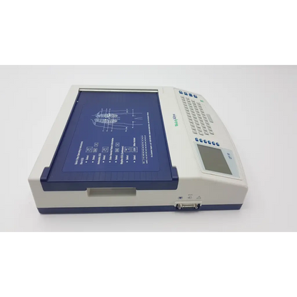 Beige and navy blue welch allyn cp10 ekg machine with built-in keyboard and labeled diagram on small screen display