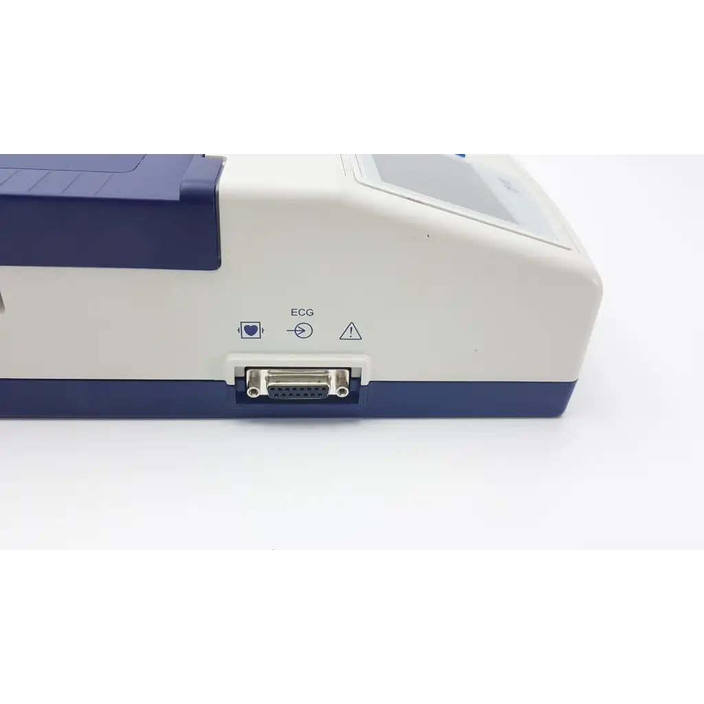 White and navy blue welch allyn cp10 ekg machine with d-sub connector labeled ecg on its side