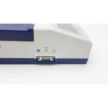 White and navy blue welch allyn cp10 ekg machine with d-sub connector labeled ecg on its side