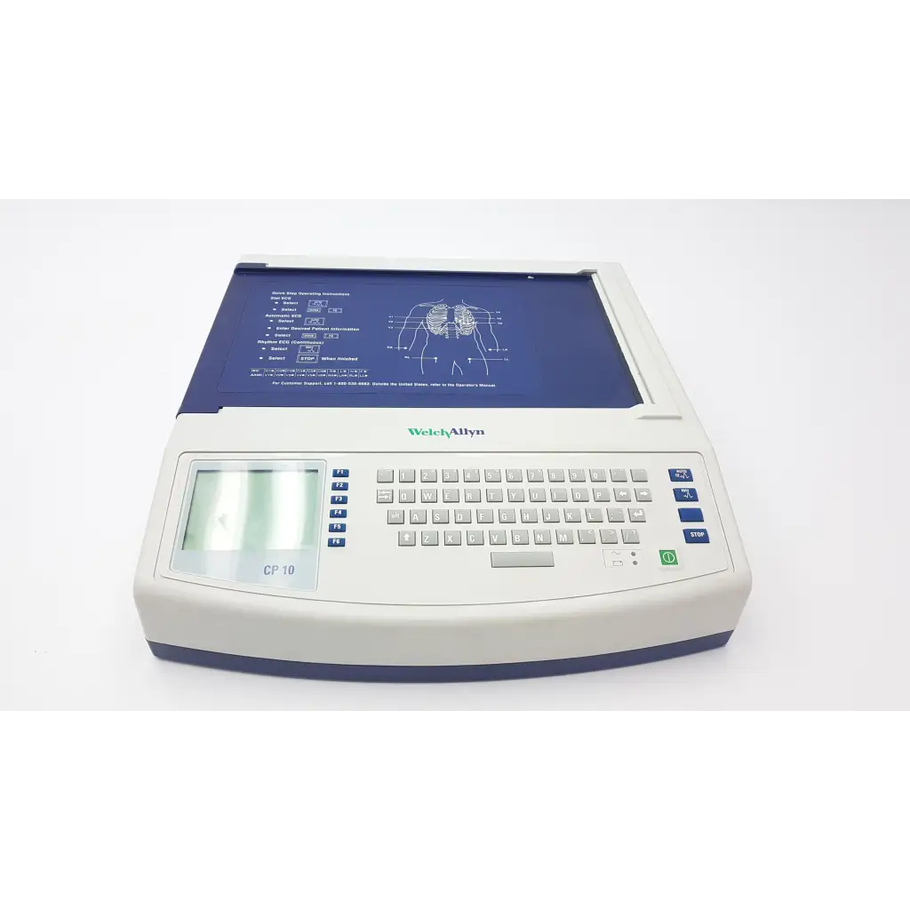 White and blue welch allyn cp10 ekg machine with built-in keyboard and display screen for cardiac monitoring