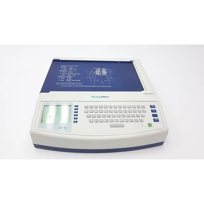 White and blue welch allyn cp10 ekg machine with built-in keyboard and display screen for cardiac monitoring