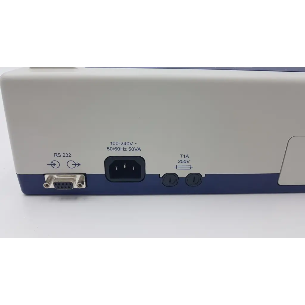 Back of white and blue welch allyn cp10 ekg machine showing rs232 port power input and t1a fuse details