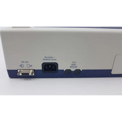 Back of white and blue welch allyn cp10 ekg machine showing rs232 port power input and t1a fuse details
