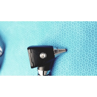 Welch allyn wall transformer with ophthalmoscope otoscope featuring a black and silver metallic reuse medical otoscope