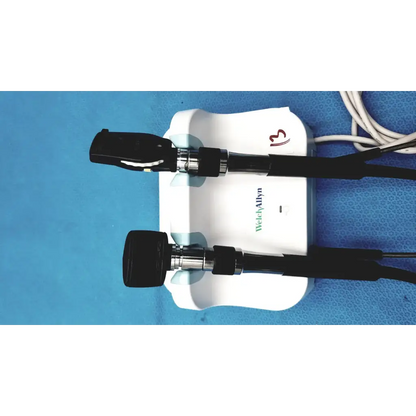 White Welch Allyn 13 otoscope with black handles and silver joints for Welch Allyn wall transformer ophthalmoscope otoscope