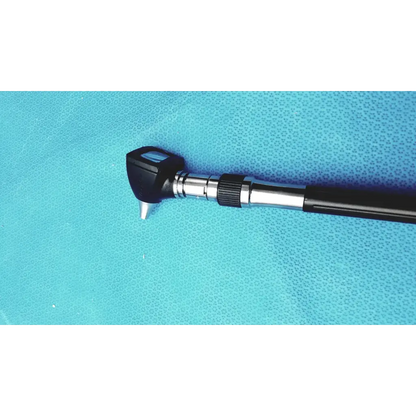 Welch allyn wall transformer ophthalmoscope otoscope with black and silver textured grip and angled tip otoscope