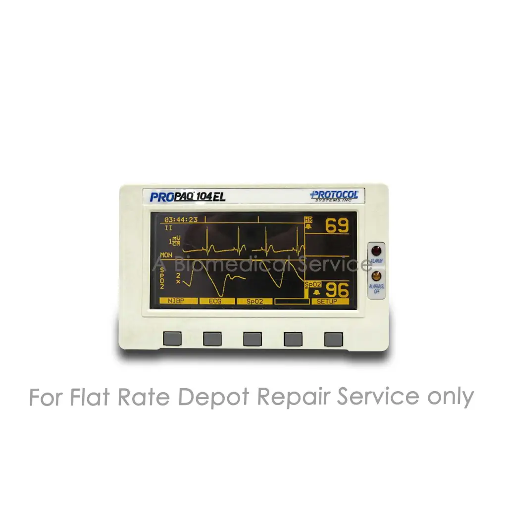 Cream-colored welch allyn propaq 104 el patient monitor with yellow ecg and spo2 readings for repair service medical equipment