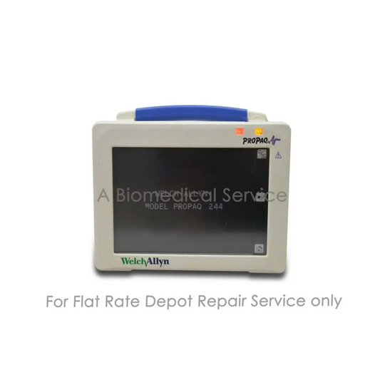 Beige Welch Allyn Propaq 244 medical monitor with blue handle and orange lights for Propaq CS 244 repair service