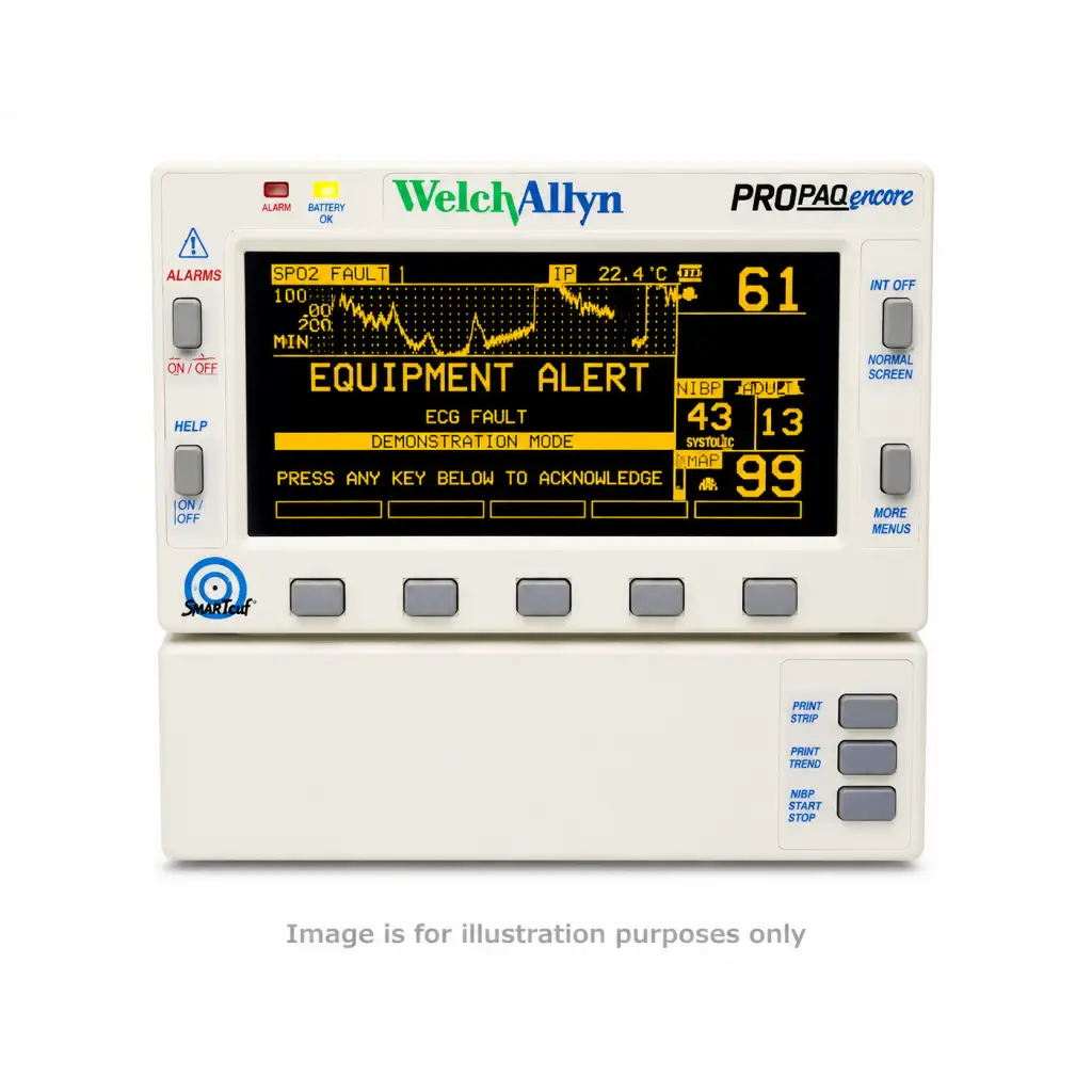 White welch allyn propaq encore 206 empsc vital signs monitor with black screen showing yellow text and graphs