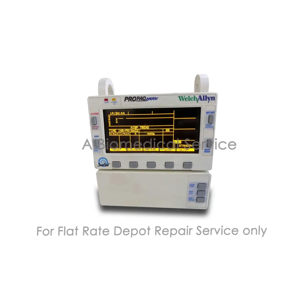 Welch Allyn Propaq Encore patient monitor with bright yellow display showing medical data for repair service of medical equipment