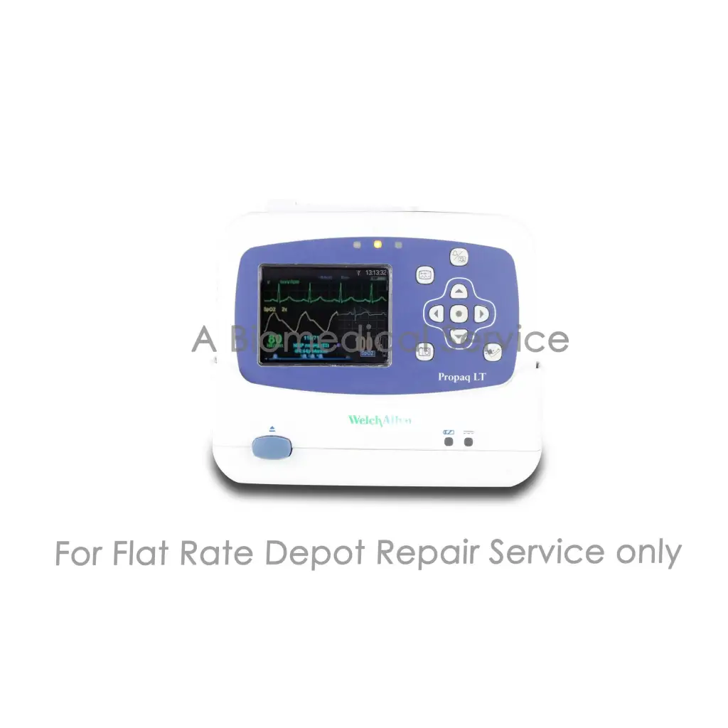 Welch Allyn Propaq LT white and blue portable patient monitor with digital ECG waveform for medical equipment repair service