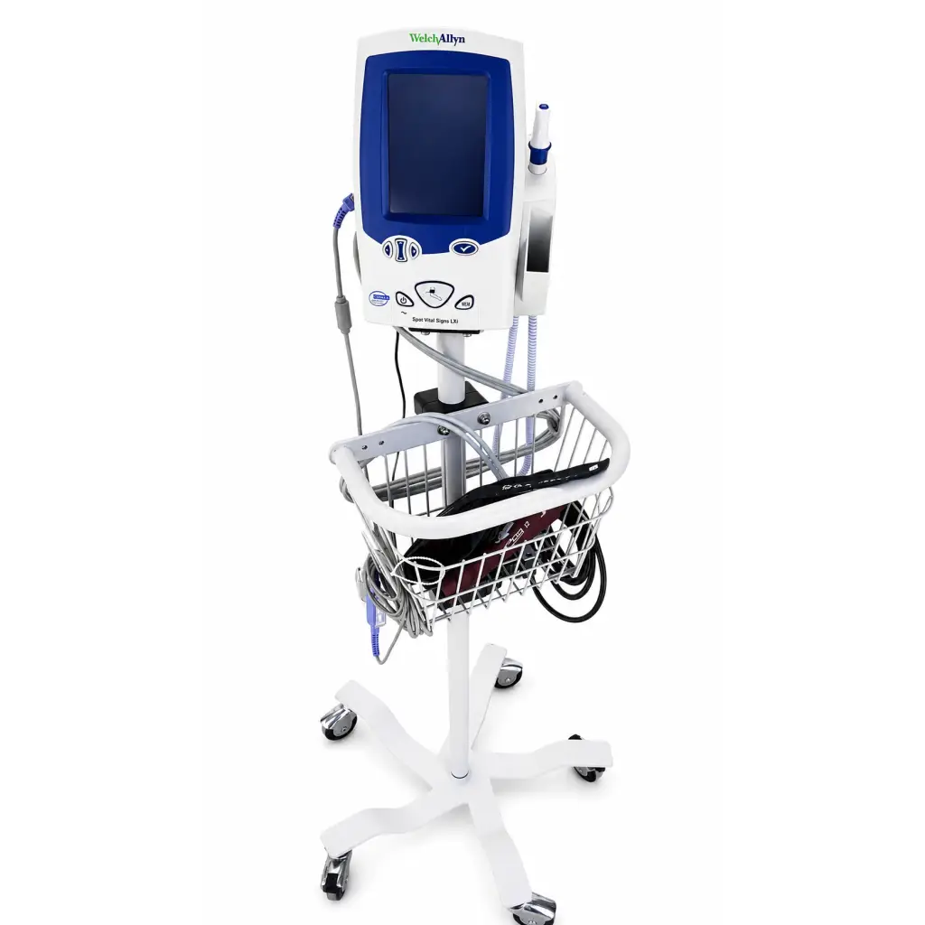 Welch allyn spot vital signs 450t0-e1 monitor in white and blue on a wheeled mobile stand with wire basket and accessories
